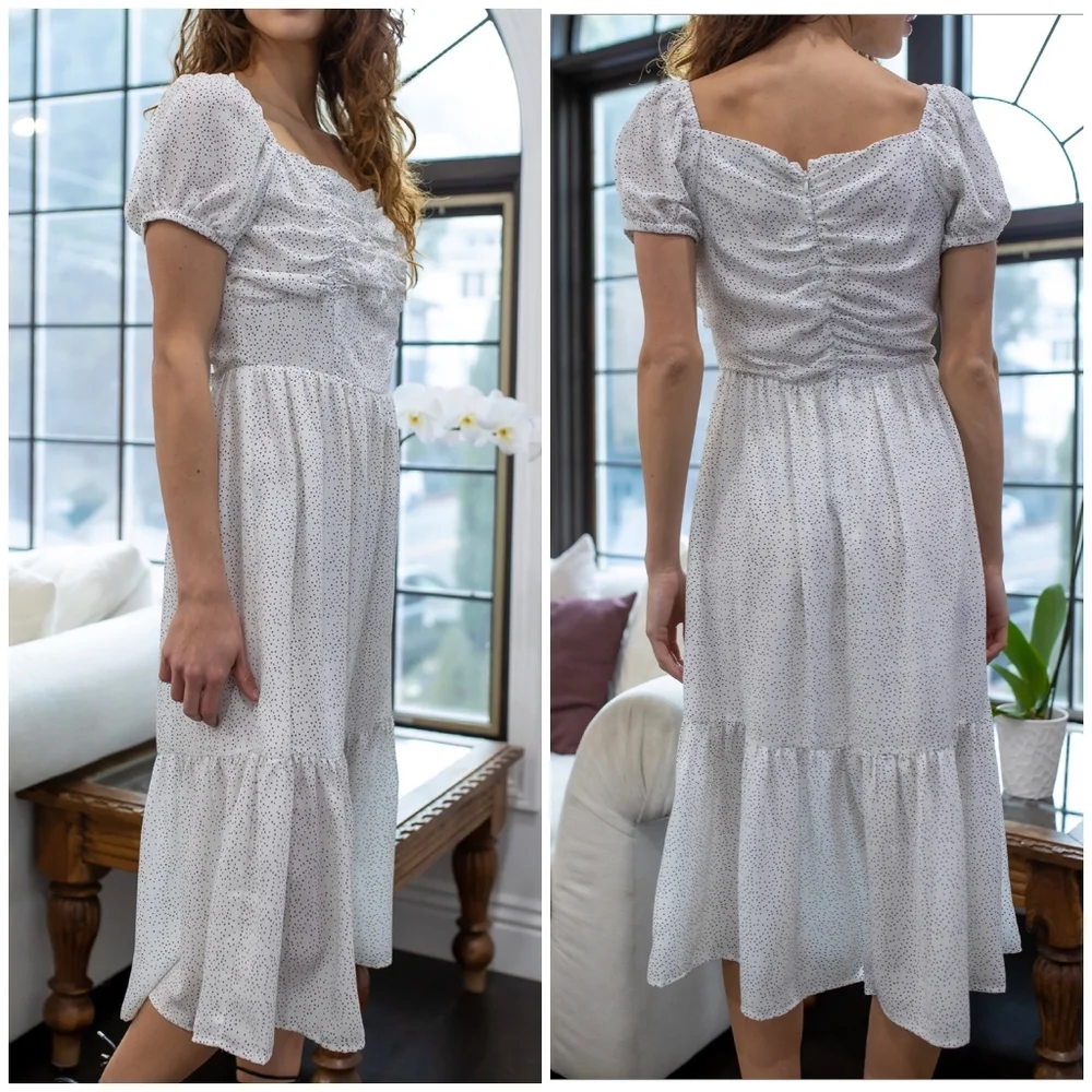 FEW LEFT❗️SUGAR+LIPS Chic Off White Polka Dot Midi Dress - Picture 4 of 5